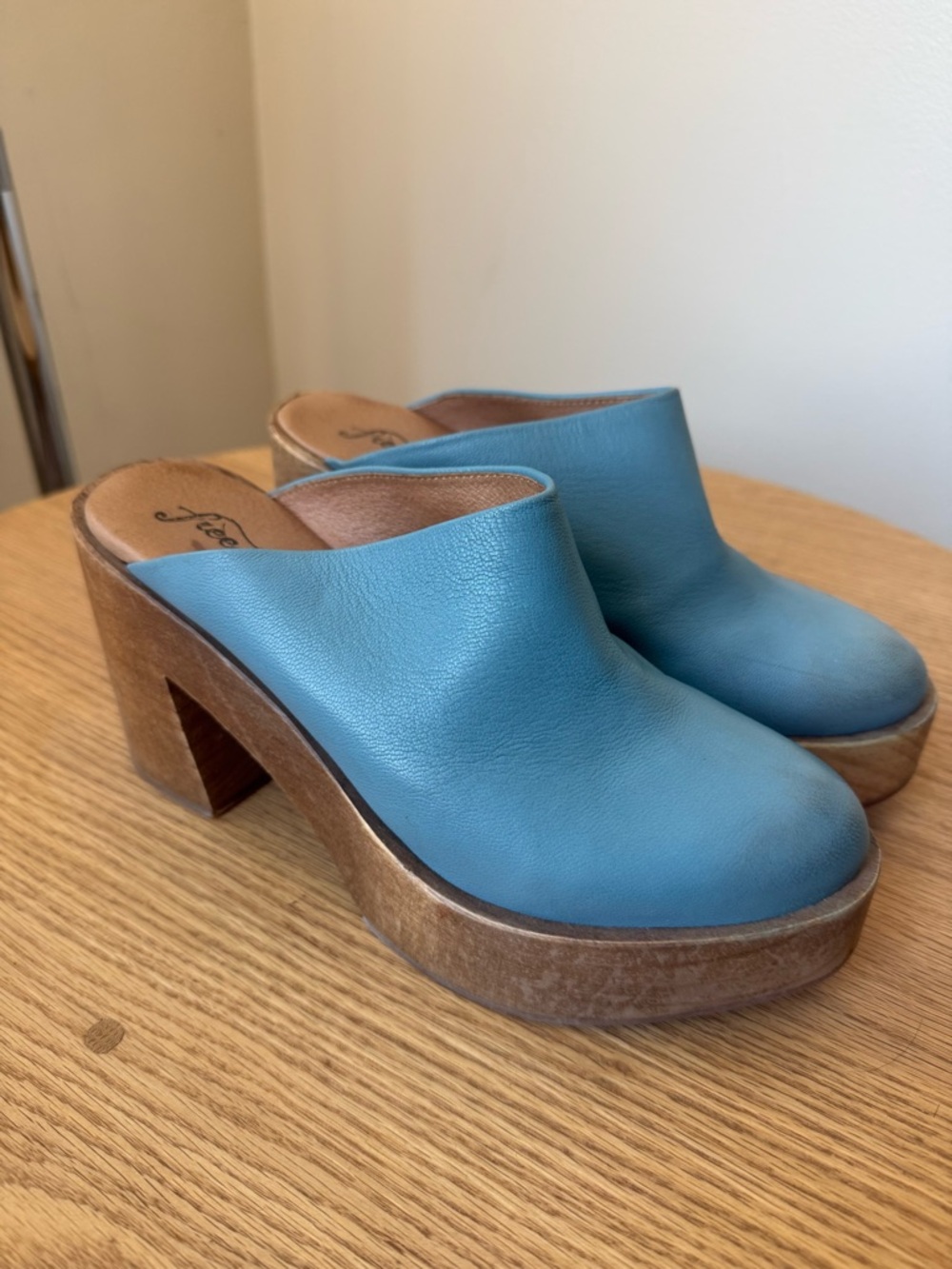 Free People Blue Leather Platform Mules